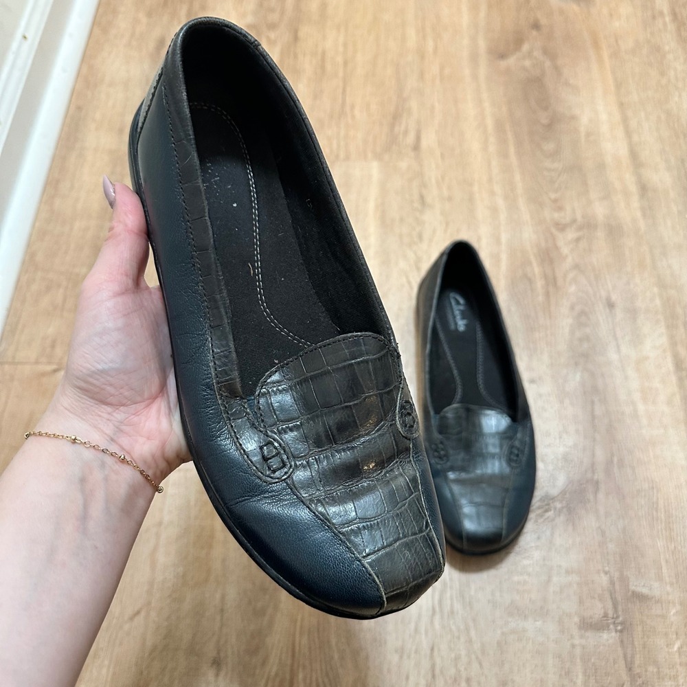 Clarks | Bendables Dark Blue Black Leather Croc Embossed Slip On Loafer Shoe, 8M